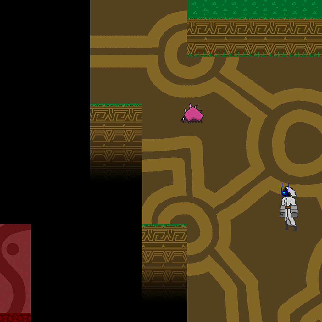 The main character standing in a grassy biome with an enemy above them.